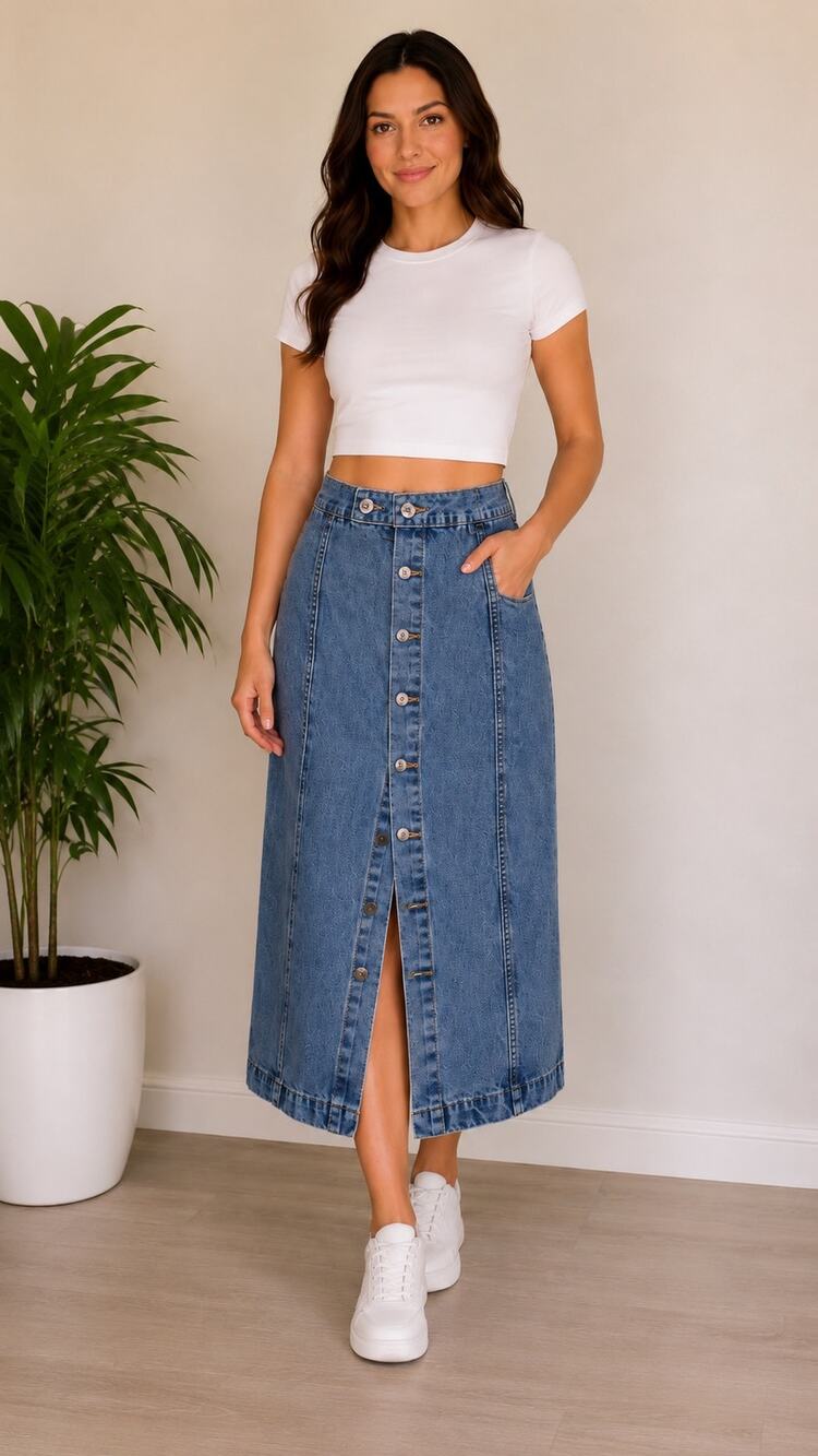 SHEIN Denim Button Front Midi Skirt Size 6 Medium Blue Wash High Waist Slit